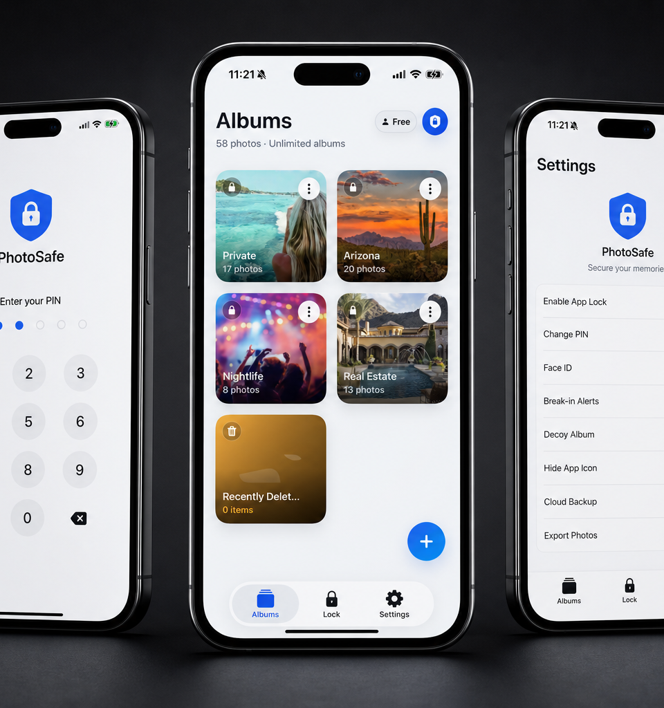 PhotoSafe private photo vault displayed on two iPhones over a textured surface